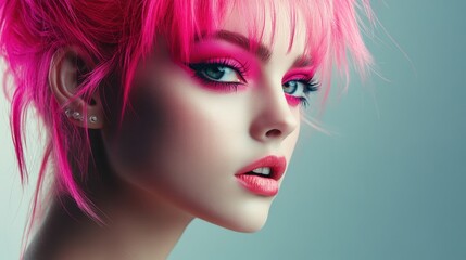 Obraz premium Fashionable portrait of a young woman with vibrant pink makeup and an artistic hairstyle, set against a minimalistic grey background.