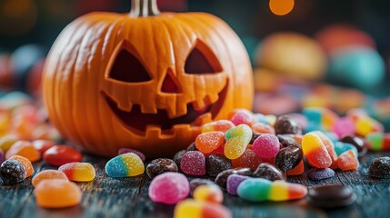 Assortment of colorful, whimsical Halloween treats - candies, chocolates, and gummies - spilling from a carved pumpkin
