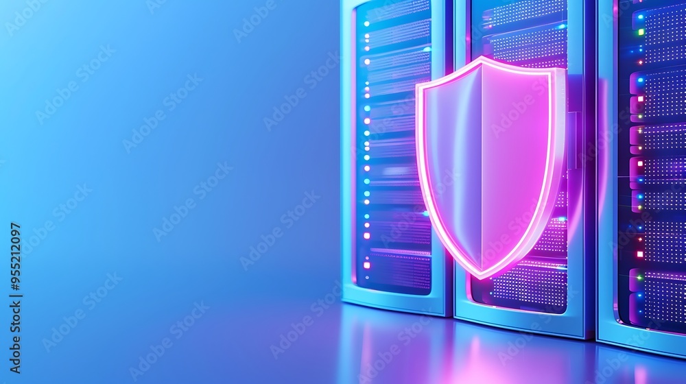 Poster neon shield protecting server rack in a futuristic data center, symbolizing cybersecurity and data p