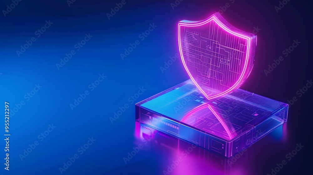 Poster neon shield representing digital security and data protection, with a futuristic design symbolizing 