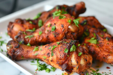 Crispy golden fried chicken drumsticks served in a white dish, perfect for comfort food and casual dining.