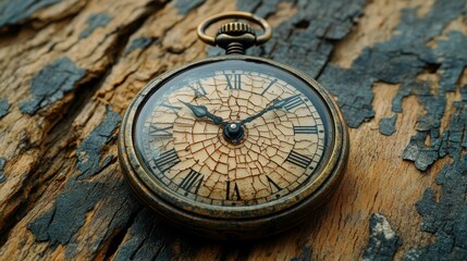 Vintage pocket watch with a cracked face on a rustic, wood-toned surface, hinting at the poignancy of the passage of time