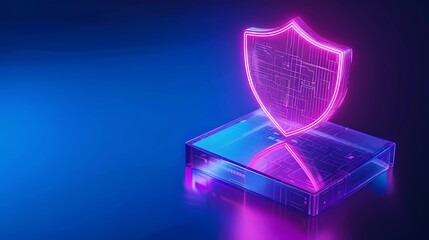 Neon shield representing digital security and data protection, with a futuristic design symbolizing advanced cybersecurity technology.