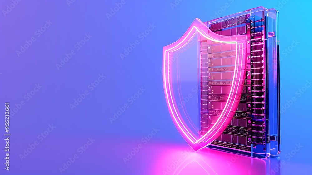 Aufkleber neon shield symbolizing data security and protection for server systems, with a modern and vibrant b