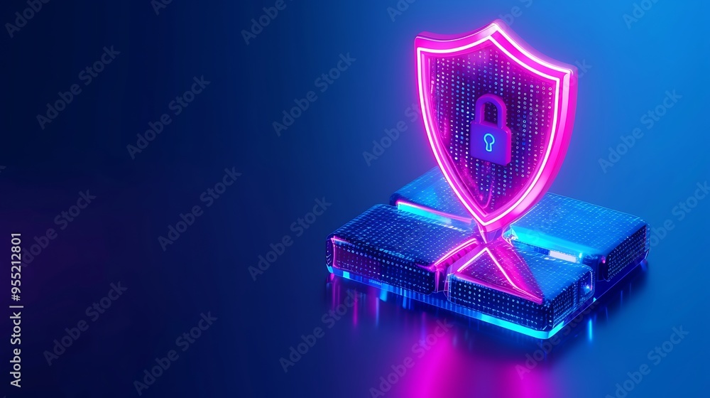 Aufkleber neon shield with lock icon over servers, representing cybersecurity and data protection in a modern 