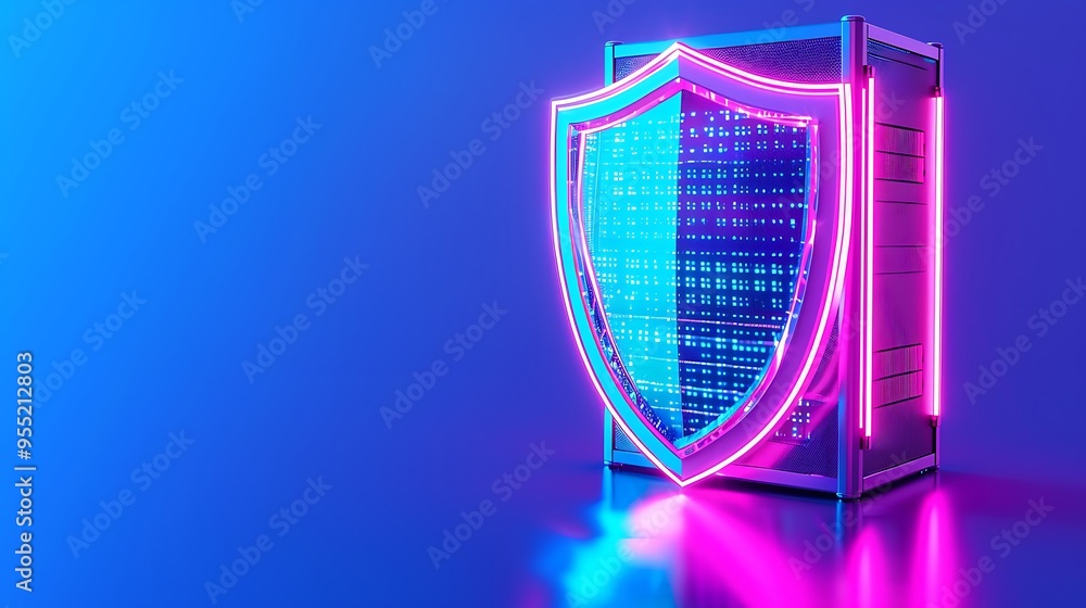 Poster neon shield with futuristic server in blue and pink, representing cybersecurity and data protection 