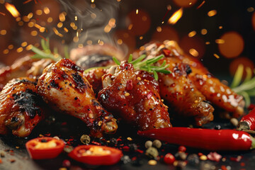 Spicy grilled chicken wings coated in a rich sauce, garnished with herbs, surrounded by fiery sparks and seasonings.
