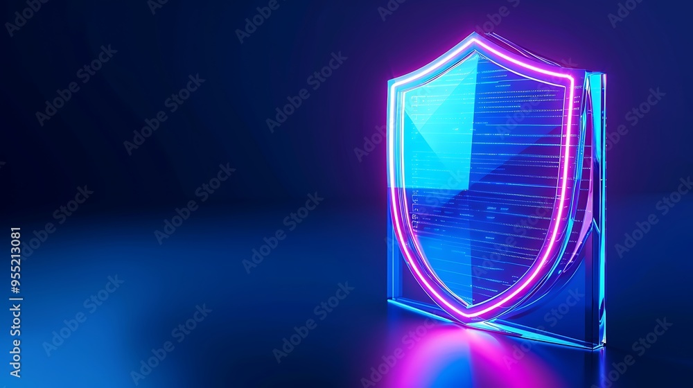 Aufkleber neon-lit blue shield on a dark background symbolizing data protection and cybersecurity. digital sec