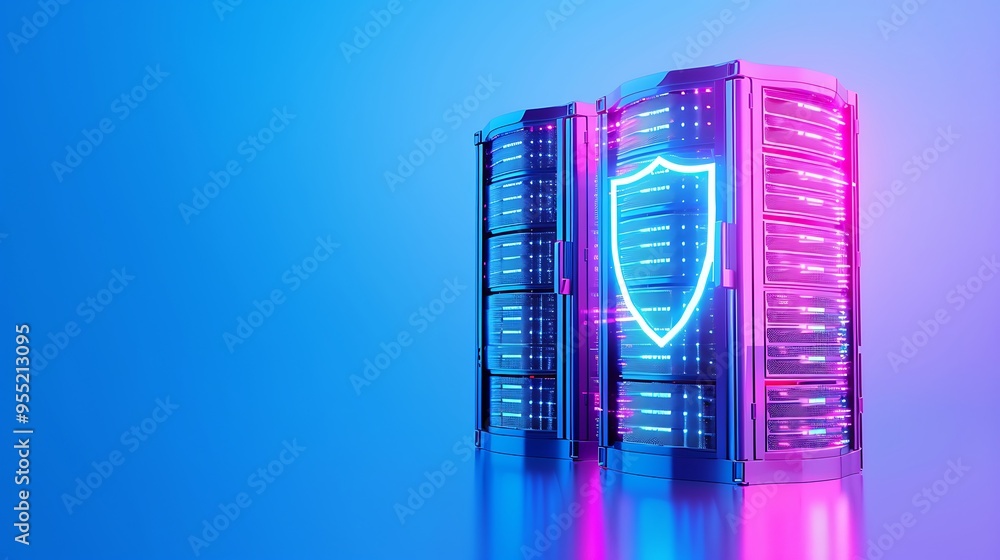 Poster neon-lit data servers with a digital shield icon, representing cybersecurity and data protection in 