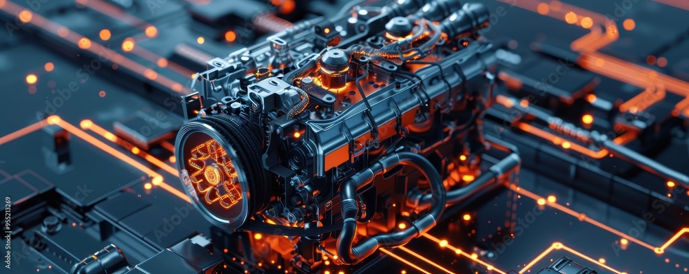 Poster high-tech engine model with glowing wires on a futuristic circuit board, representing advanced techn
