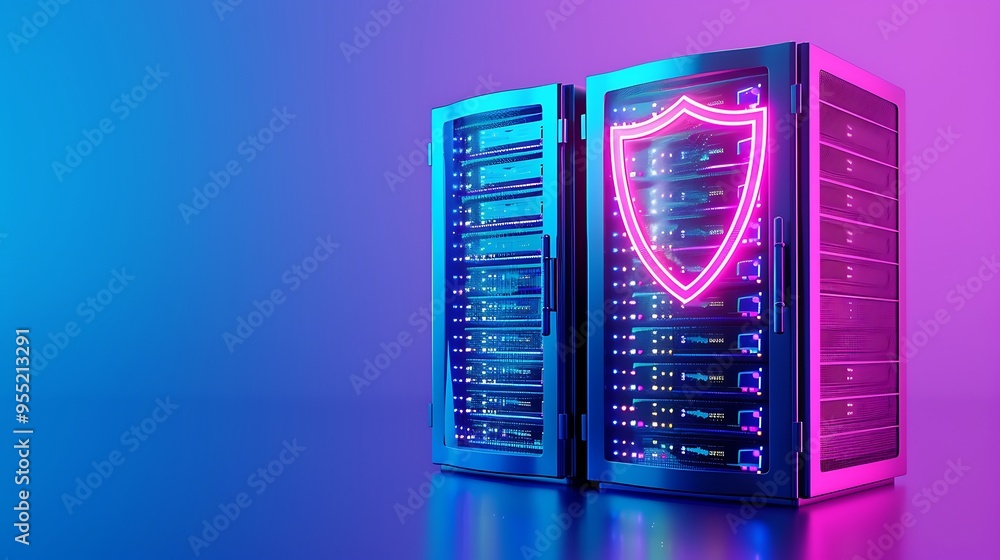 Aufkleber neon-lit server racks with a glowing shield icon symbolizing cybersecurity and data protection, set 