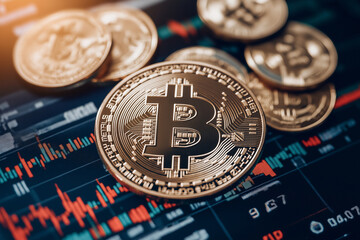 Bitcoin Cryptocurrency Coin on Trading Platform with Price Chart in Background, Highlighting Digital Currency, Blockchain Technology, and Financial Market Trends in the World of Decentralized Finance