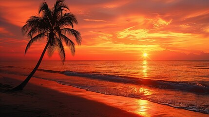 Silhouetted Palm Tree on a Tropical Beach at Sunset