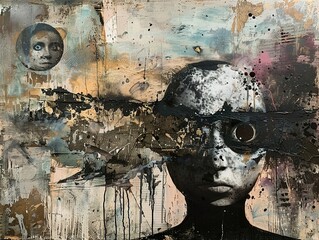 Abstract painting with a human face with a black band over its eyes and a circular moon with a human face in the background.