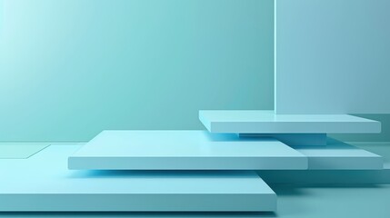 Minimalistic blue geometric shapes layered in abstract composition. Clean design, modern architecture, futuristic art, creative space.