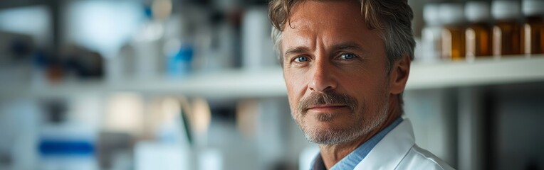 Obraz premium Confident Male Scientist Posed in Vivid Laboratory Setting