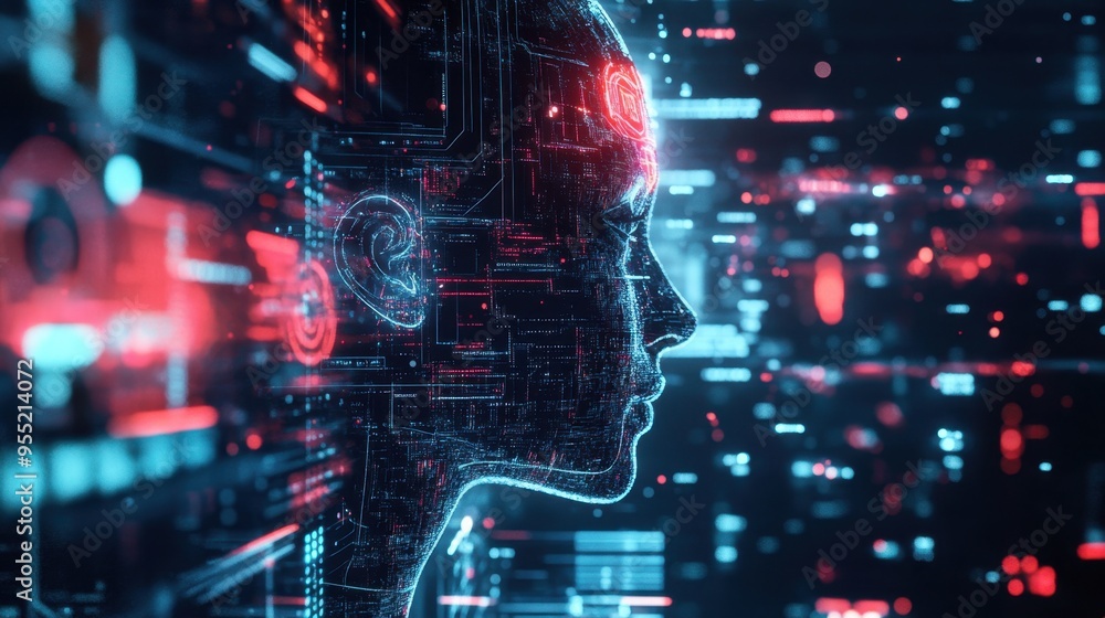 Poster futuristic design of digital transformation with iot and ai elements, highlighting the strategic shi