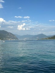 Landscape of Italy with lake and mountains.