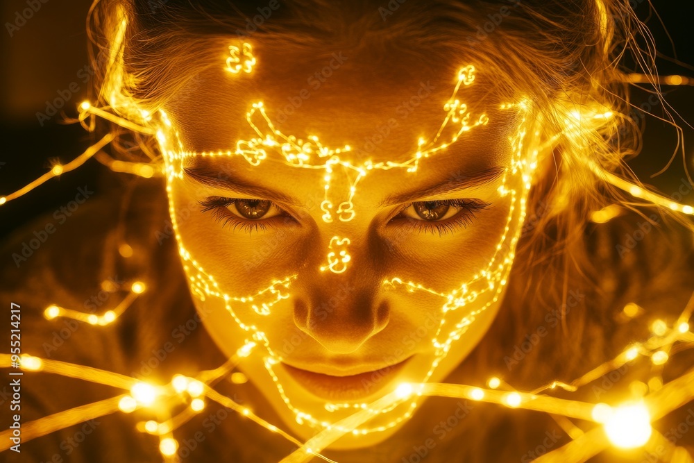 Poster emotional synchronization genius womans face illuminated with glowing connections representing innov