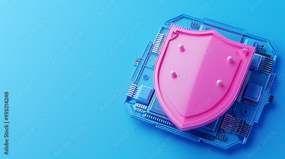 Poster pink security shield on a blue circuit board, representing cybersecurity and data protection in tech