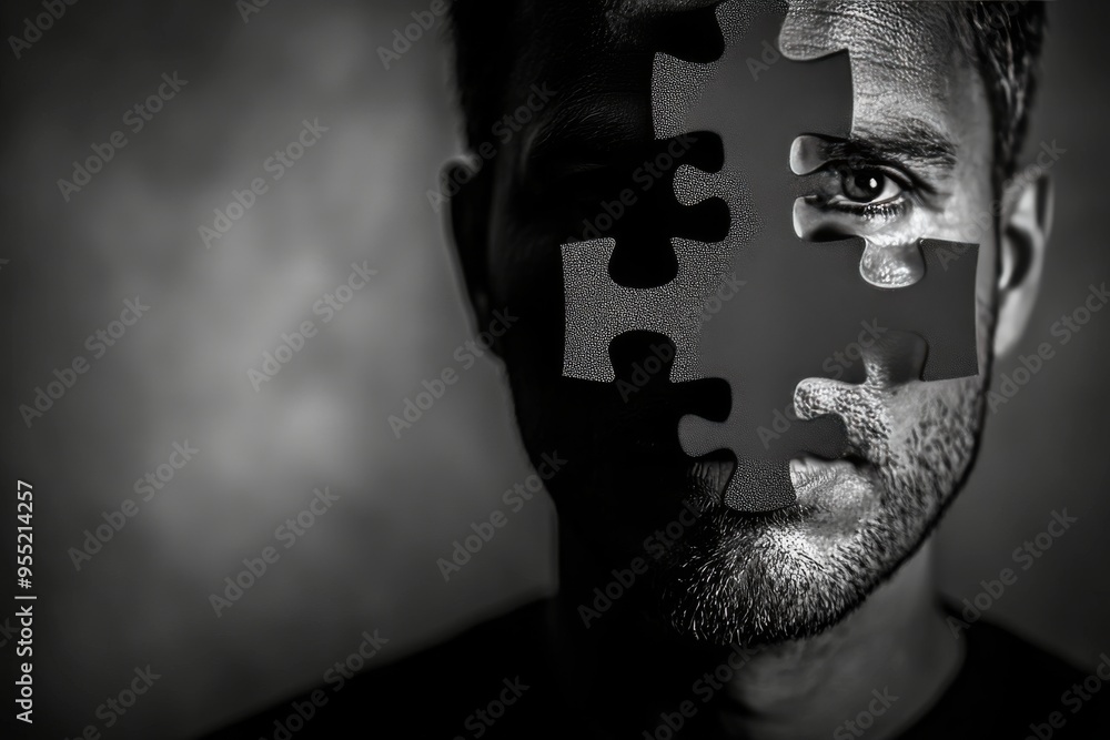 Aufkleber social brain network genius monochrome portrait of a man with puzzle pieces missing from his face sy