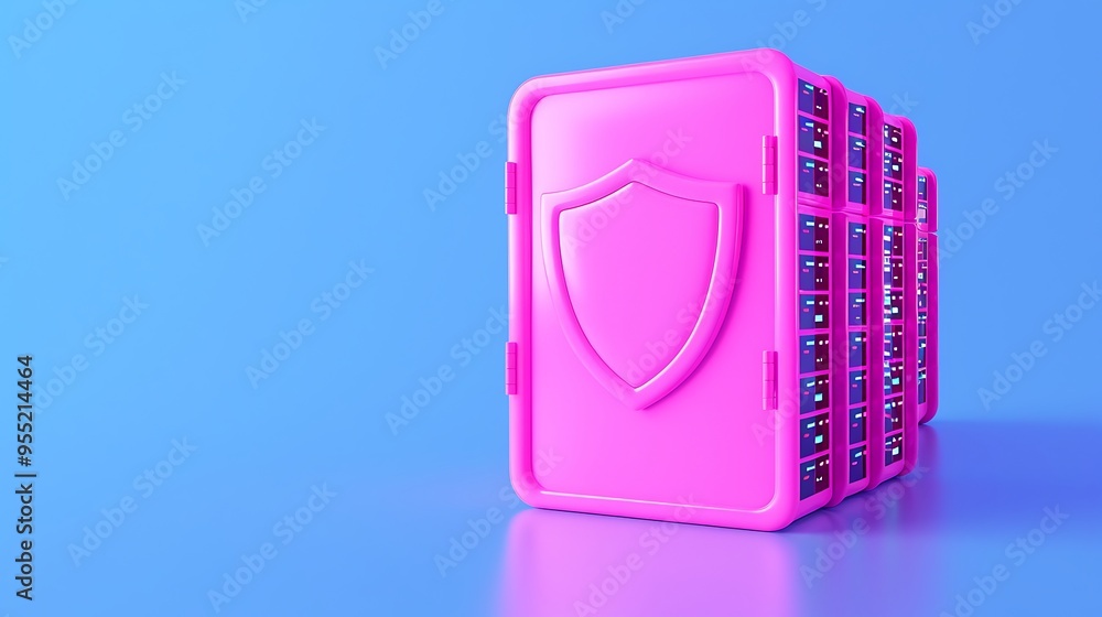 Poster pink server with shield icon on blue background symbolizing cybersecurity and data protection in tec