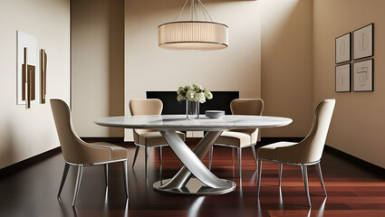 Modern Dining Room: A sleek, minimalist dining set with a white oval table, stainless steel base, and four beige upholstered chairs, set against a warm backdrop of a fireplace and artwork.