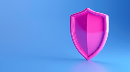 Pink shield icon on a blue background symbolizing security, protection, safety, and defense. 3D render illustration.
