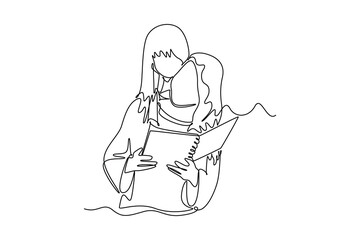 Continuous one line drawing reading book concept. Doodle vector illustration.