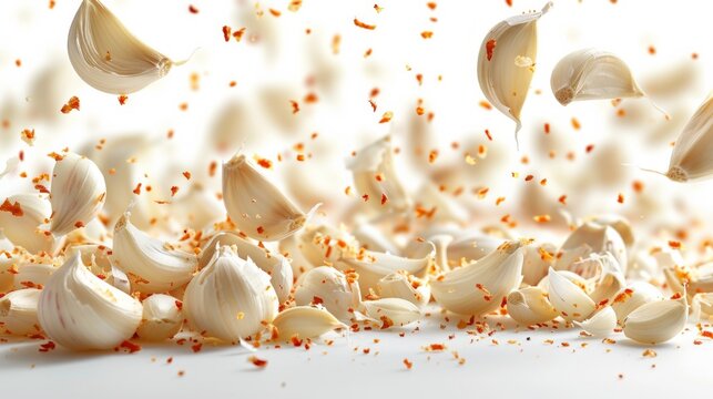 Falling garlic, isolated on white background
