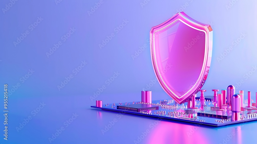 Poster pink shield on a circuit board representing cybersecurity concept. the background is a gradient of b