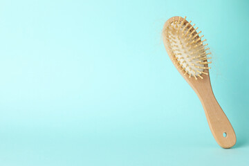 One brush with lost hair on light blue background, closeup. Space for text