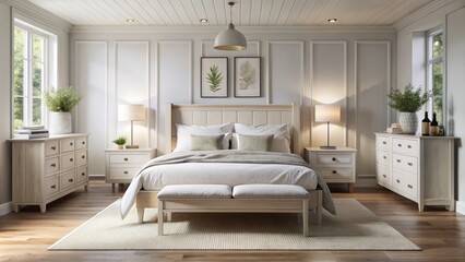 * Bright and airy bedroom features a white wooden furniture set with a large headboard and modern nightstands