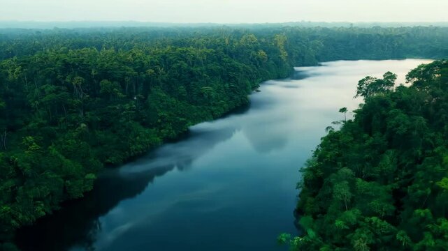 Amazon River Winding Through Dense Rainforest With Lush Vegetation and Misty Patches