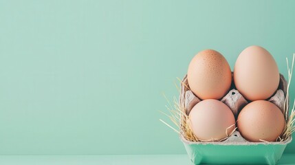 Fresh brown eggs in a carton against a pastel green background. Perfect for themes of cooking, baking, and healthy eating.