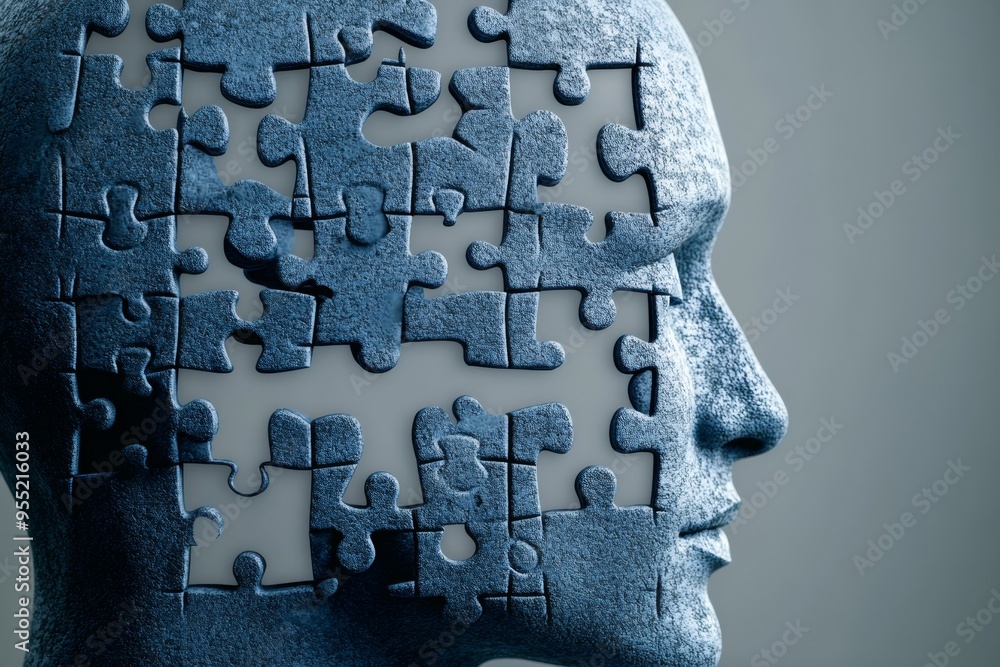 Poster empathic brain activity genius human bust composed of interlocking puzzle pieces symbolizing the com