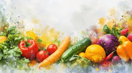 Colorful vegetable arrangement on a watercolor background, featuring a mix of fresh produce, ideal for creative food concepts and healthy lifestyle promotion.