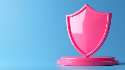 Pink shield trophy on a blue background symbolizing protection, security, and achievement. Modern and minimalistic design concept.