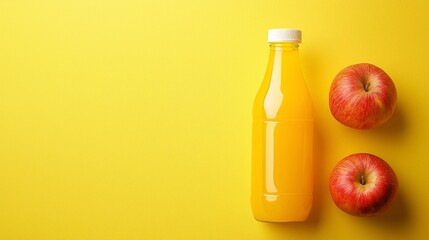 Bottle of fresh apple juice on yellow background