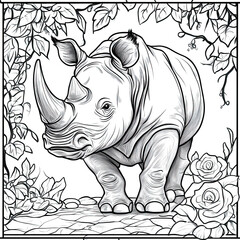 Fototapeta premium Beautiful Rhino Coloring Page, Rhinoceros Colouring Design for Your Corporate Books and Business Graphic Resource or Creative Project, Ai Generative