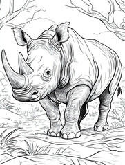 Fototapeta premium Beautiful Rhino Coloring Page, Rhinoceros Colouring Design for Your Corporate Books and Business Graphic Resource or Creative Project, Ai Generative