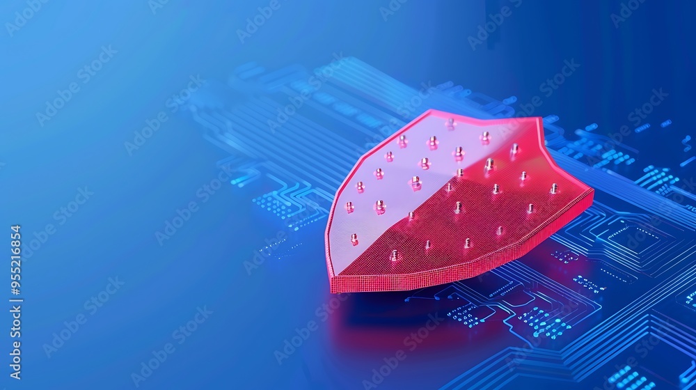 Poster red shield symbolizing cybersecurity protection over a blue circuit board, representing network secu