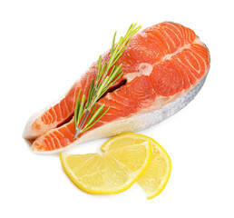 Fresh salmon steak, lemon and rosemary isolated on white