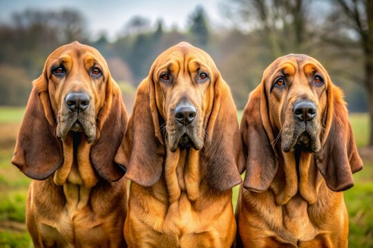 Brown-coated bloodhounds with elegant ears stand tall, their sensitive noses twitching as they track the faintest