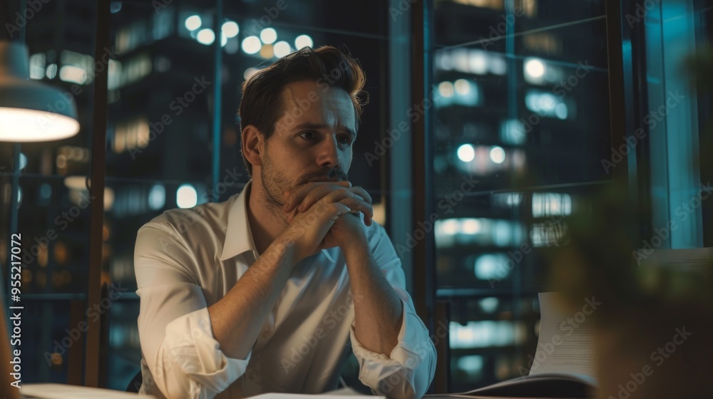 Poster a man is sitting at a desk with his hands clasped in front of him
