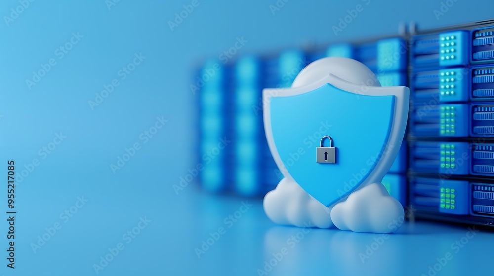 Poster secure cloud computing concept with shield and server in background representing data protection and