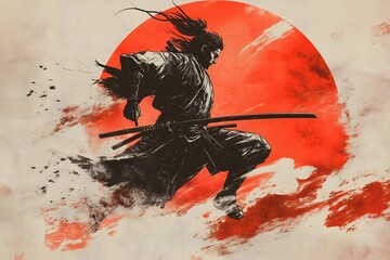 An abstract illustration of a samurai with the japanese flag as a background