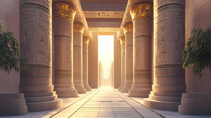 Entrance to an ancient egyptian tomb or temple with stone columns either side. 3d rendering. Temple. Illustration