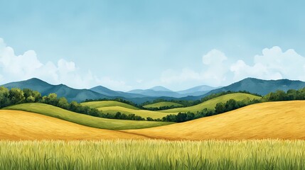 Obraz premium Rolling Hills and Blue Sky Watercolor Landscape
