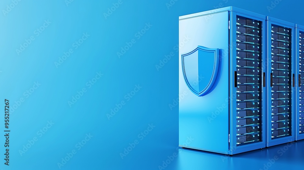 Poster secure data server rack with blue shield icon on gradient background, symbolizing cybersecurity and 